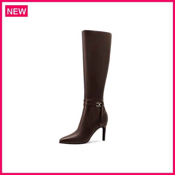 Knee High Boots Pointed Toe 3 Inch Heel Faux Leather Side Zipper